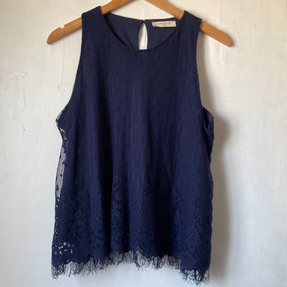 Sophie Rue Lacey Fringe Polka Dot Navy Blue Romantic Quiet Luxury Womens Small